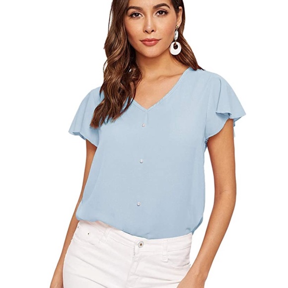 Tunic Blouse Light Blue Pearl beaded front Size: S - Picture 3 of 5